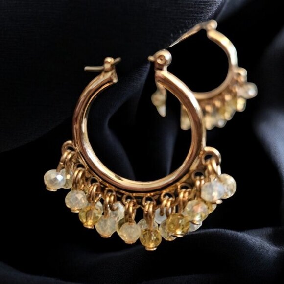 Goldtone with White and Gold Dangling Gemstone Hoop Earring - Picture 3 of 4